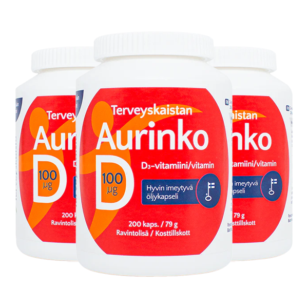 Aurinko D-vitamiini 100 µg (200 kaps.) 3 kpl PAKETTITARJOUS!