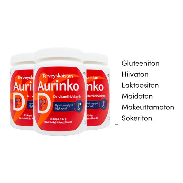 Aurinko D-vitamiini 100 µg (75 kaps.) 3 kpl PAKETTITARJOUS!